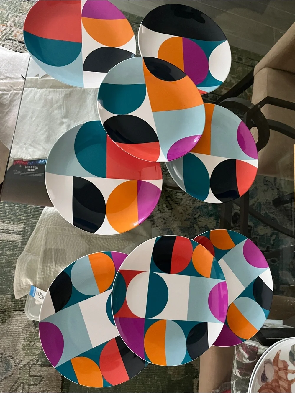 8 Crate & Barrel Ollie melamine salad plates geometric multi pattern MCM  8.5”